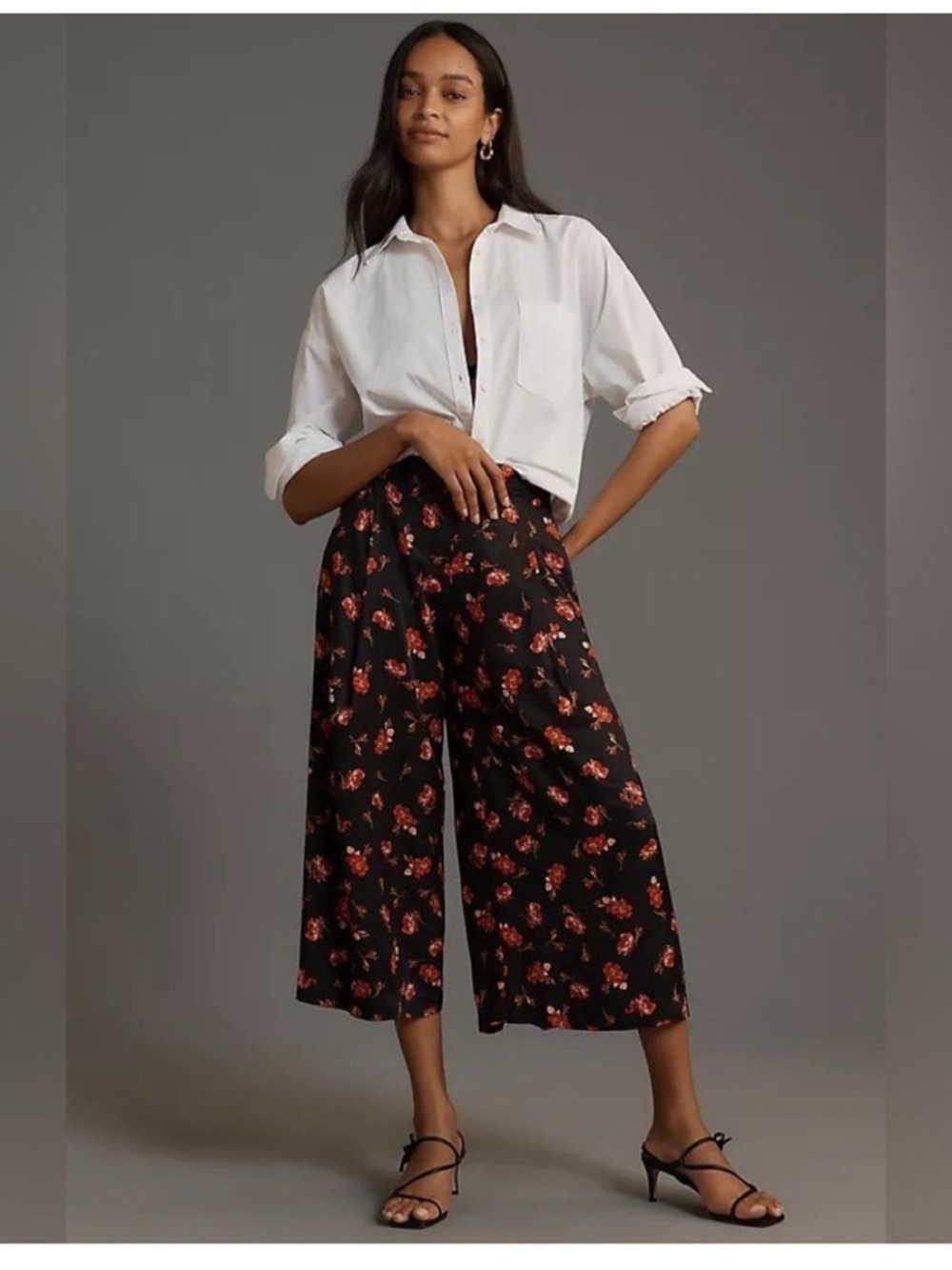 Maeve Wide Leg Floral Culotte Pants in Black with Red Floral Print